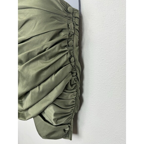 ASOS Sz 10 Asymmetrical Ruched Mini Skirt Green Side Button Detail Cotton Blend - Picture 7 of 12